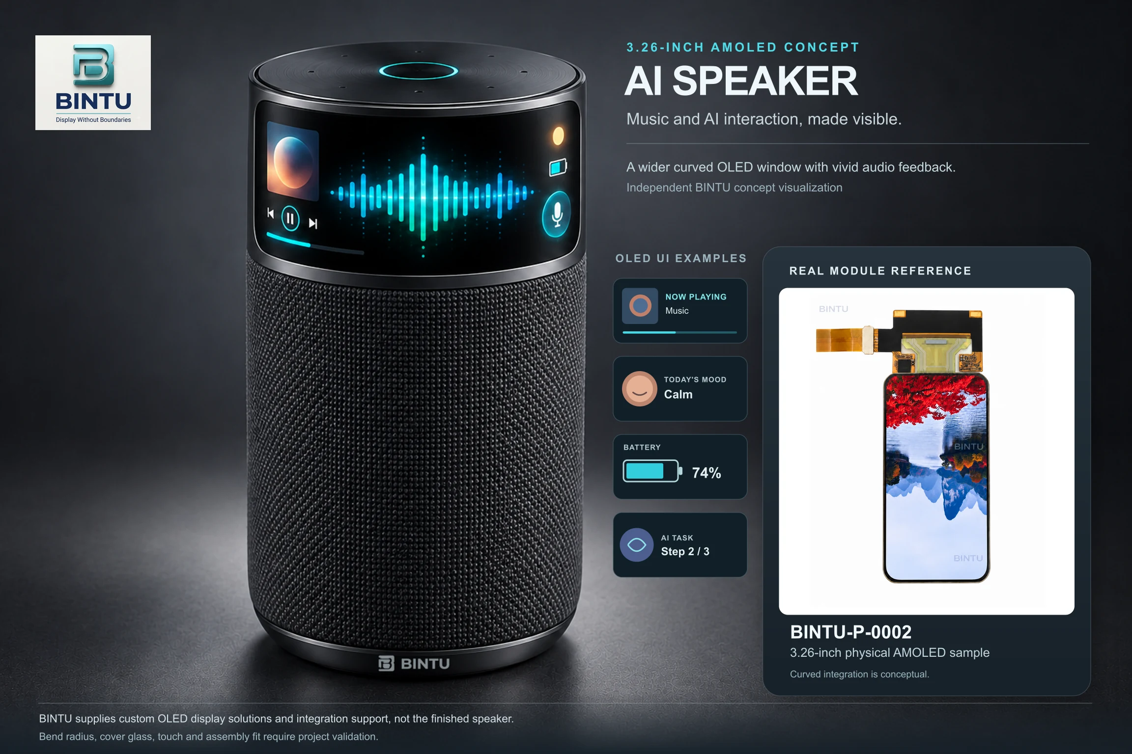 Black tall AI smart speaker concept with a 3.26-inch flexible AMOLED display near the top of the housing