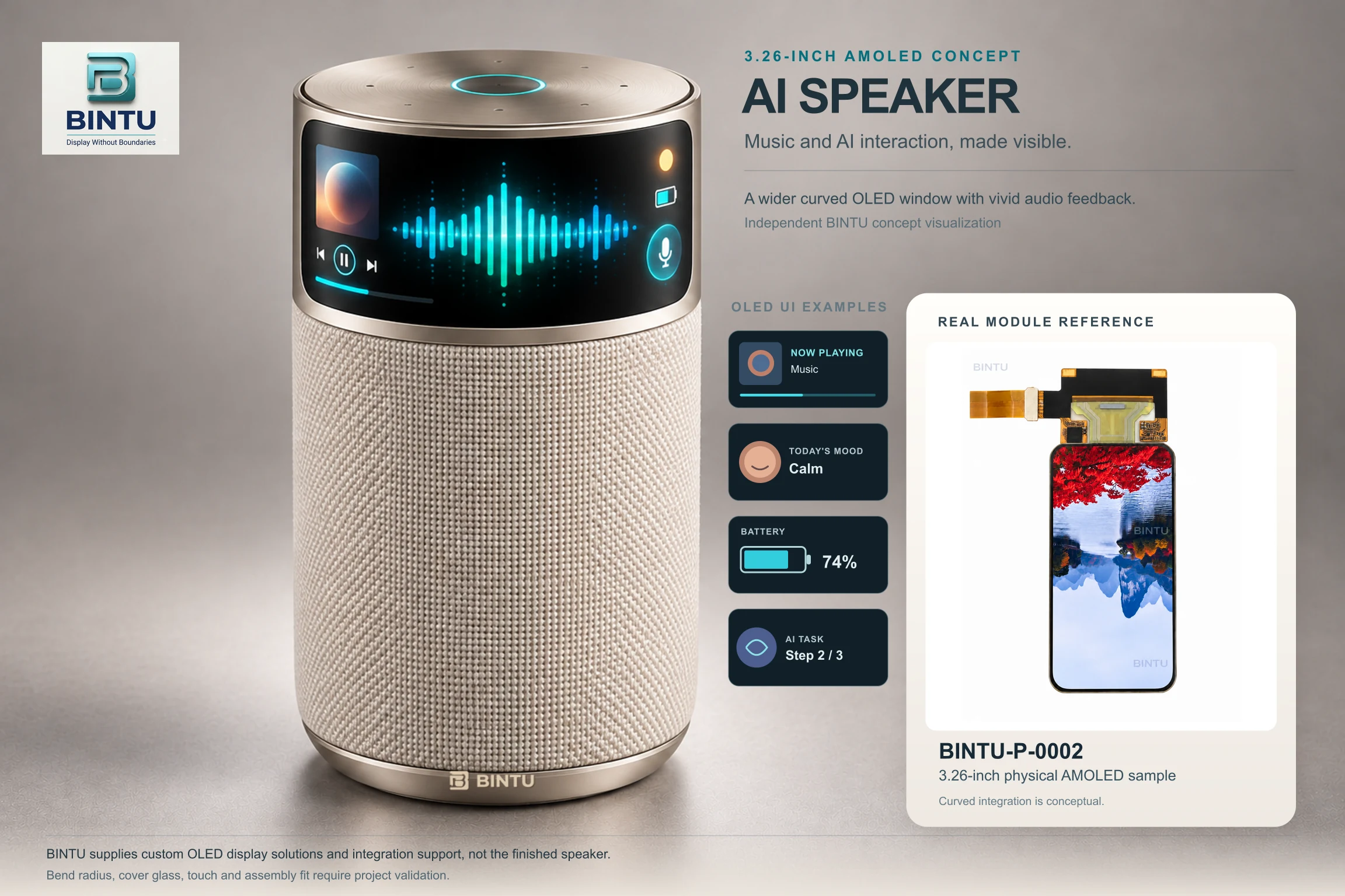 Silver tall AI smart speaker concept with a 3.26-inch flexible AMOLED display near the top of the housing